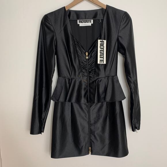 Rotate Annie Frill Trim Satin Black Mini Dress Womens New US 2 - Picture 2 of 16